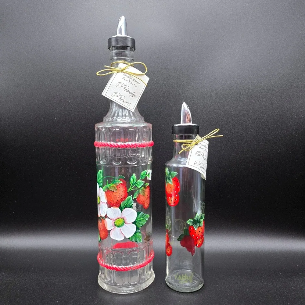 Purdy Pieces Handpainted Strawberry Glass Oil Vinegar Cruet Set Italy Spill-Stop